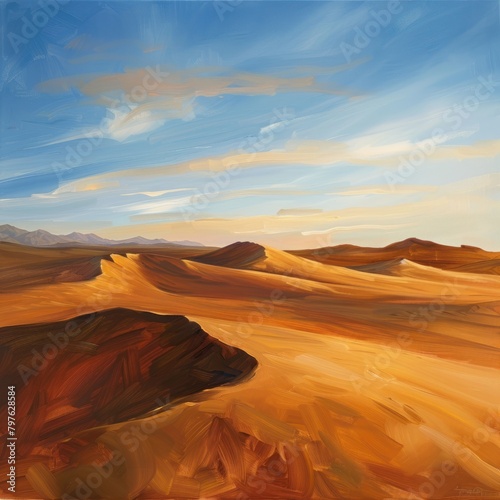 Sunny desert landscape with clear blue sky. Daylight illuminates the sandy wilderness. 