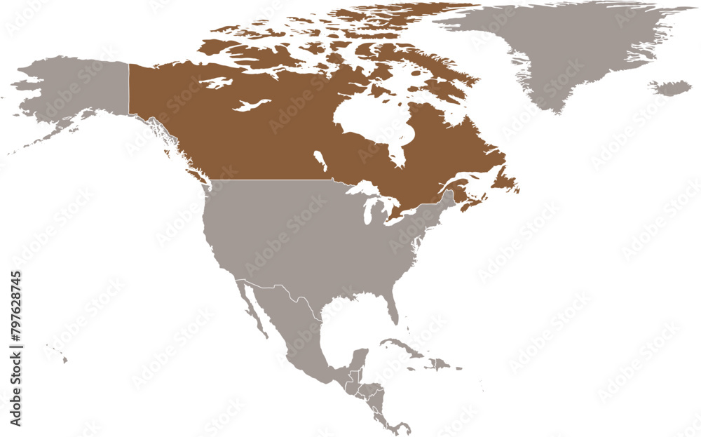 Dark brown detailed blank political map of CANADA on transparent background using orthographic projection of the light brown North American continent