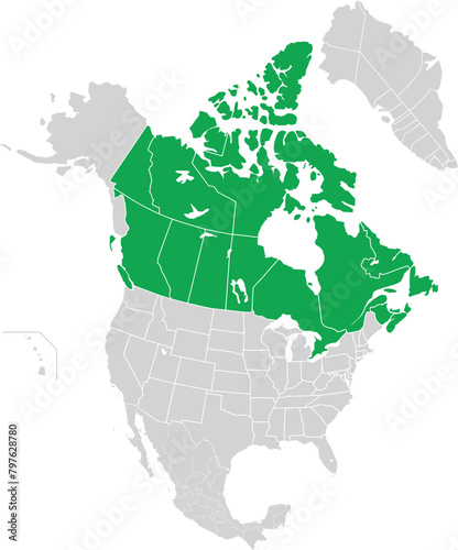 Green detailed blank political map of CANADA with white state borders on transparent background using orthographic projection of the light grey North American continent