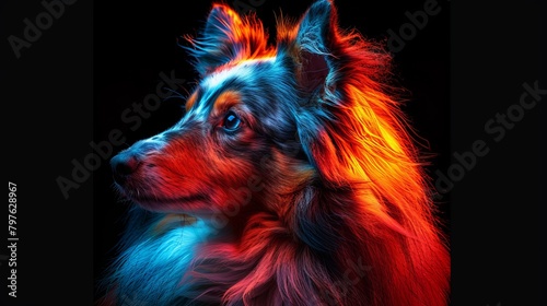 A dog with a pinkish-orange mane and a blueish-purple background
