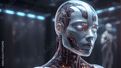 future artificial intelligence  a detailed side view of a robotic  humanoid girl  isolated on a future background  with a face and skin tone similar to that of a human.