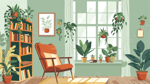 Comfortable chair bookcase window and house plants. Vector