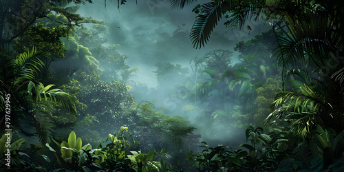 A dense jungle with misty  mysterious atmosphere  lush greenery and exotic flora