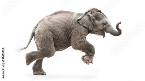 Playful Baby Elephant Striding Forward on White Background. Ideal for Educational Material. Perfect for Children s Storybooks. Captured in Mid-motion. AI