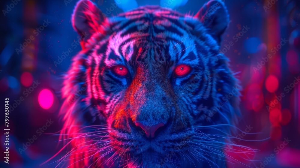 A tiger with a red eye is staring at the camera