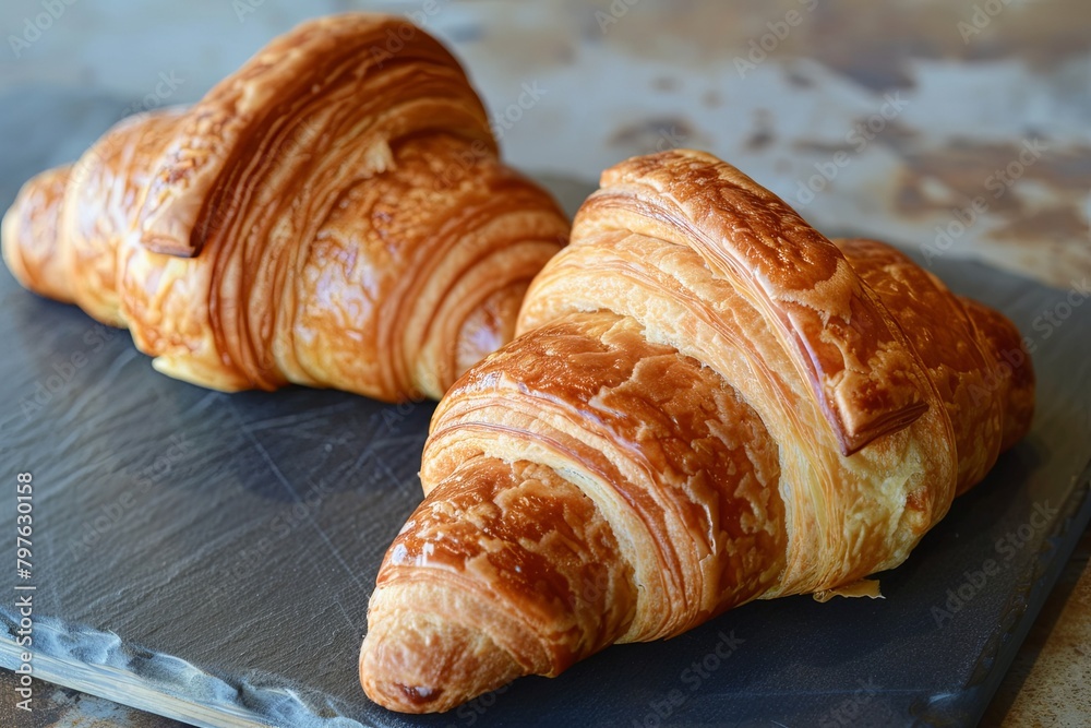 Delicious French Bakery Delights: Tasty Croissant Breakfast with Two Croissants on a Textured Dark Board