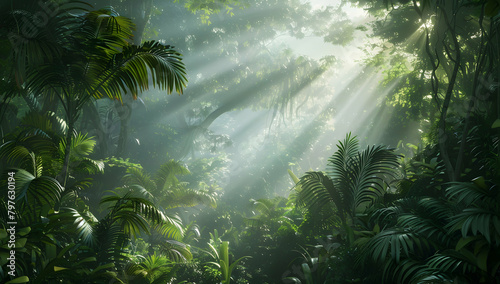 A dense jungle canopy with rays of sunlight piercing through