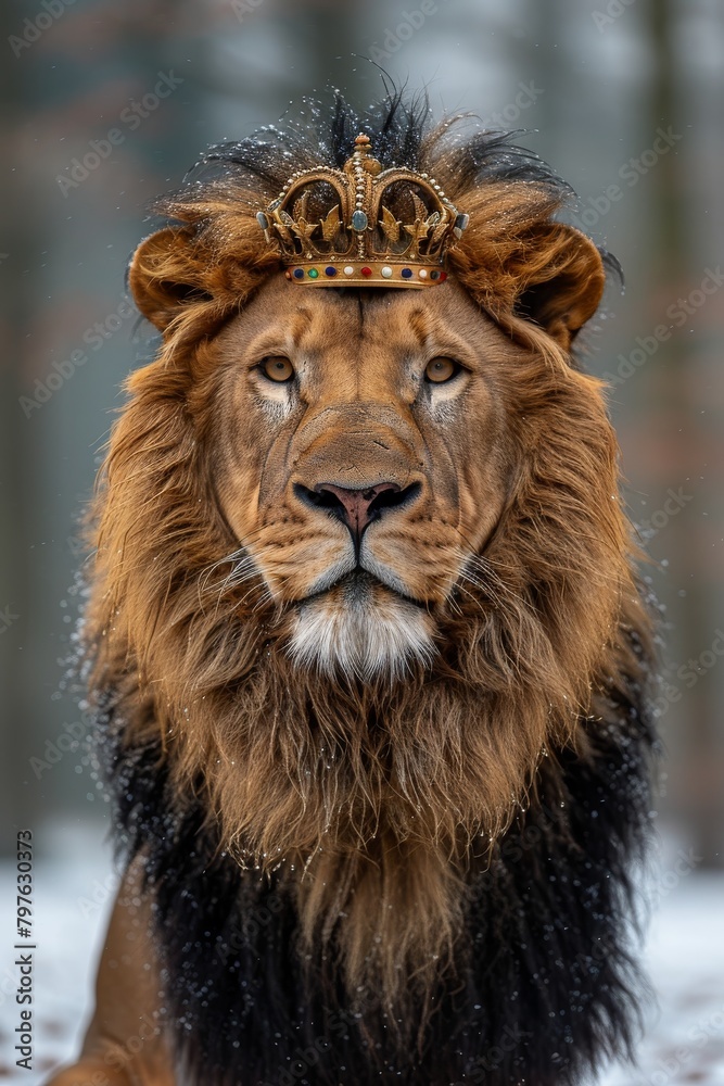 A lion is wearing a crown and looking at the camera