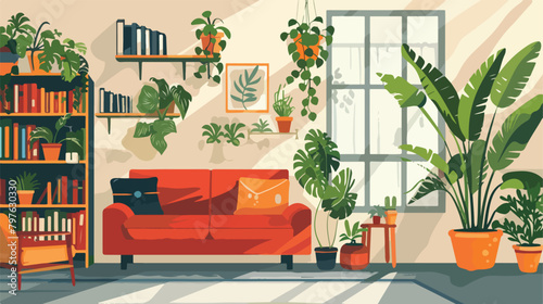 Comfortable sofa bookcase and house plants. Vector fl