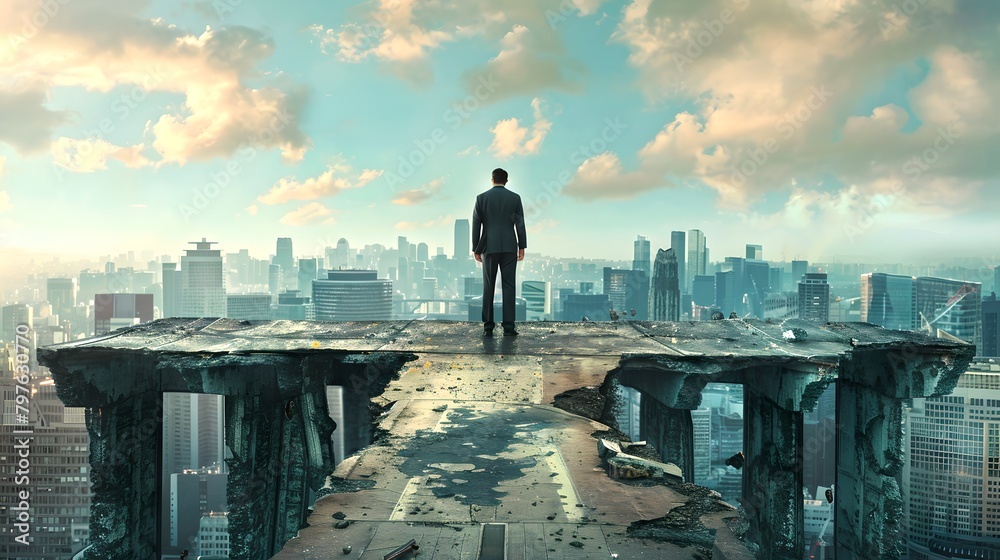 Man standing on a broken bridge above the city skyline. Concept of challenge and future. Ideal for motivational themes. AI Man standing on a broken bridge above the city skyline. Concept of challenge and future. Ideal for motivational themes. AI
