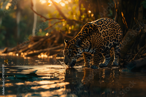 A jaguar drinking water from the river in the Amazon rainforest photo