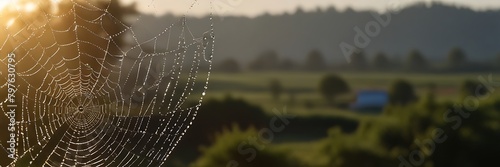 Spider Web Is Full Of Dew In The Middle Of The Grass Background photo