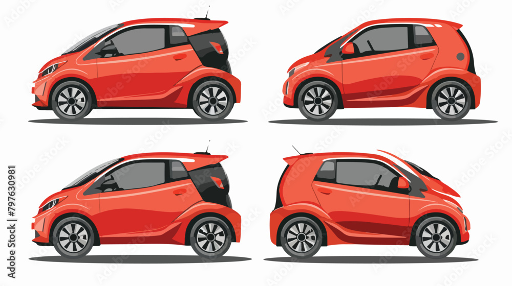 Compact city car four angle set. Car side background and fr