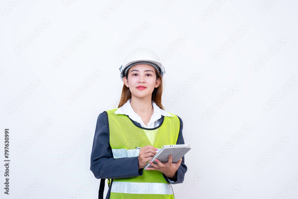 Happy woman engineer worker working with digital tablet on white background. Happy woman engineer worker working with digital tablet on white background.