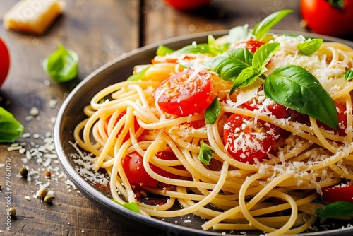The Authentic Charm: Italian Spaghetti Enhanced by Tomatoes, Basil, and Parmesan