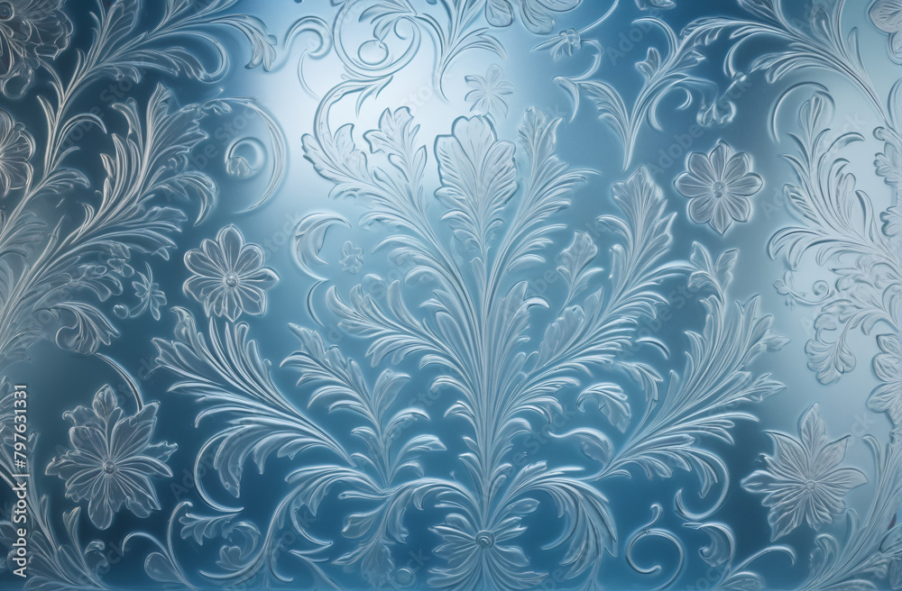 Light matte surface, background of a pattern of flowers on blue frosted glass Light matte surface, background of a pattern of flowers on blue frosted glass