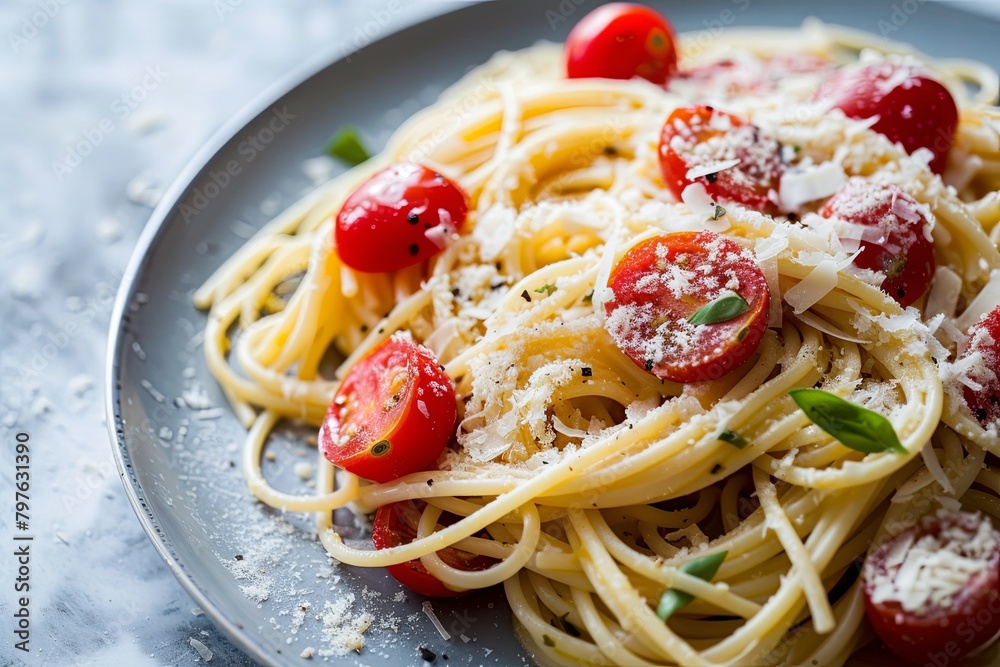 Spaghetti Artistry: Plating, Shooting, Visual Feast with Tomatoes and Parmesan Spaghetti Artistry: Plating, Shooting, Visual Feast with Tomatoes and Parmesan