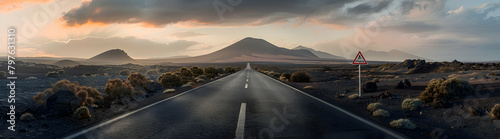 a long road leading to the horizon, with mountains in background