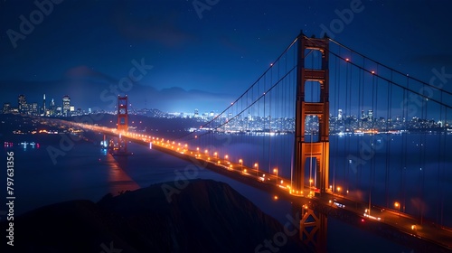 Iconic Suspension Bridge Illuminated at Night, City Lights Twinkling in the Background. Urban Landscape Photography. AI photo