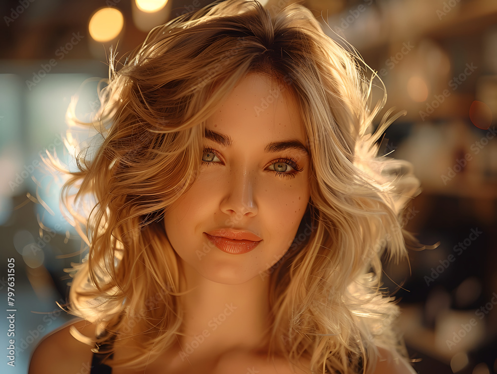 Blonde woman with wavy hair smiling in a beauty salon. Soft focus portrait with mirror reflection. Haircare and style concept. Design for salon advertisement, hairstyle catalog, personal grooming Blonde woman with wavy hair smiling in a beauty salon. Soft focus portrait with mirror reflection. Haircare and style concept. Design for salon advertisement, hairstyle catalog, personal grooming