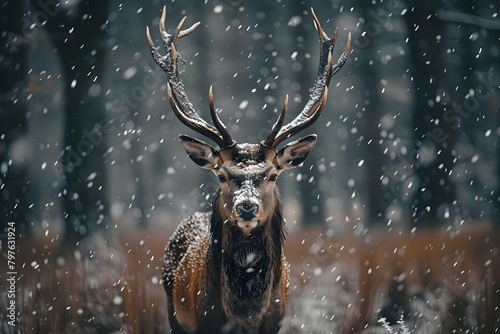 A majestic deer with impressive antlers stands in the snow, its head turned to face the camera, its fur shimmering under the falling snowflakes