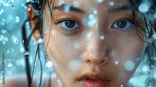 Close-up of Woman's Face with Water Droplets