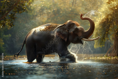 A majestic elephant gracefully splashing water with its trunk, standing in the river surrounded by lush greenery, bathed in warm sunlight