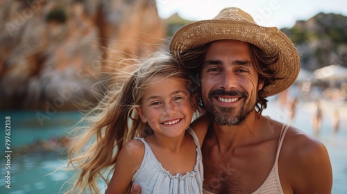 A smiling family posing in front of a stunning sunset backdrop during their travel adventure, capturing joyous moments together.