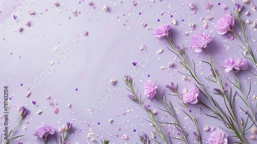 Mother s Day fashionable layout  Overhead shot of fresh carnations  sentimental message  tiny hearts  and confetti on a delicate lilac surface  with blank space for words or adverts