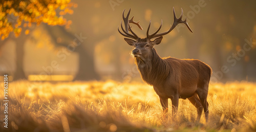 A majestic red deer with impressive antlers stands majestically in the golden autumn meadow, bathed in warm sunlight.