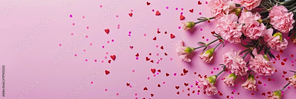 Mother's Day fashionable layout: Overhead shot of fresh carnations, sentimental message, tiny hearts, and confetti on a delicate lilac surface, with blank space for words or adverts