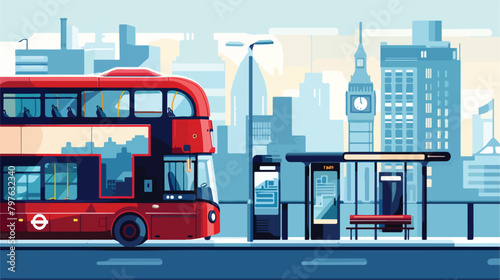 Double-decker bus and bus stop on abstract cityscape