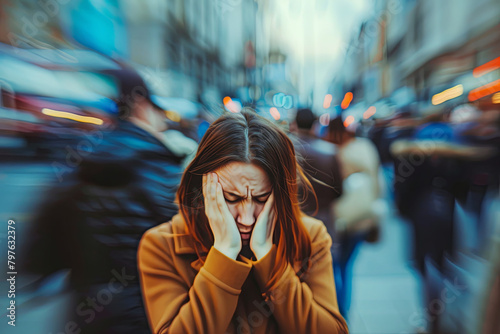 Panic attack in public place. Woman having panic disorder in city. Psychology, solitude, fear or mental health problems concept. Depressed sad person surrounded by people walking in busy street photo