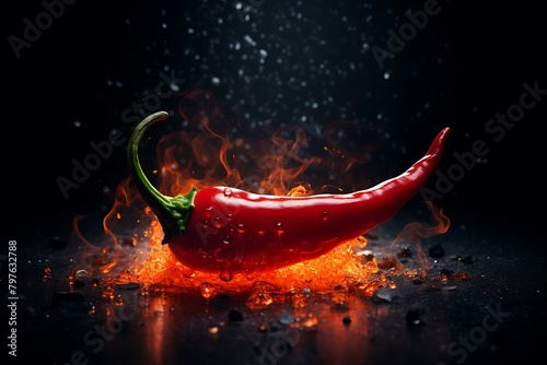 Red hot chili pepper with drops of water on a black background. photo