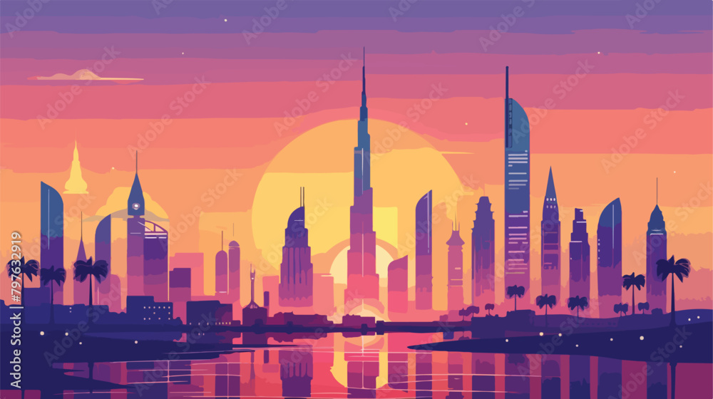 Dubai downtown skyline with modern skyscrapers at sun