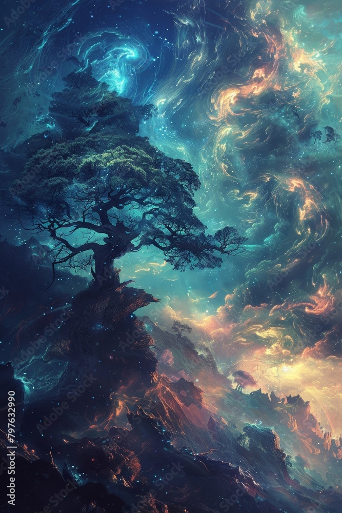 Towering trees contrast with swirling nebulae of stars and galaxies, creating a fantasy sky wallpaper. Towering trees contrast with swirling nebulae of stars and galaxies, creating a fantasy sky wallpaper.