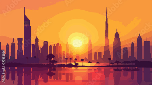 Dubai downtown skyline with modern skyscrapers at sun photo