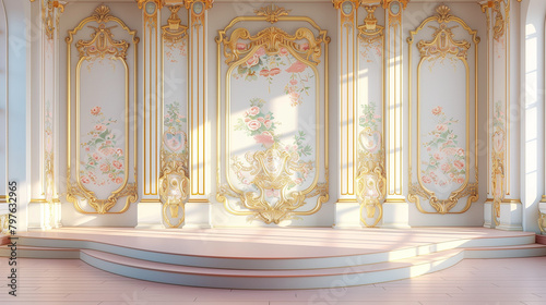 Pastel-colored walls decorated with rococo floral patterns and a decorative podium