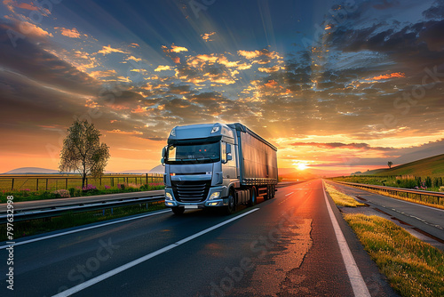 Large Transportation Truck on a highway road through the countryside in a beautiful sunset 