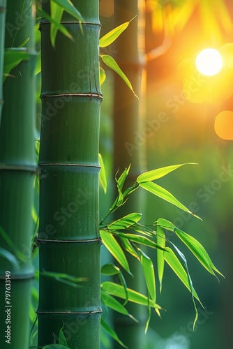 Close up of bamboo tree with sun in background