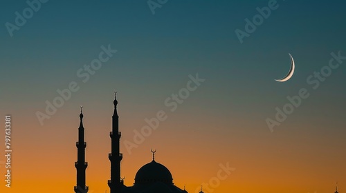 A crescent moon shines brightly over a minimalist mosque silhouette, creating a striking contrast in the night sky