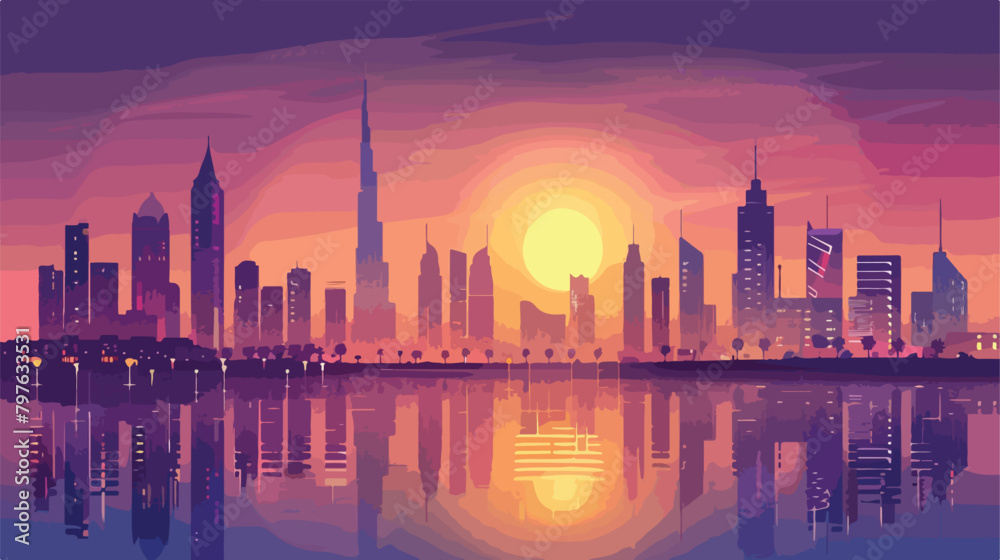 Dubai Marina skyline with modern skyscrapers at sunse