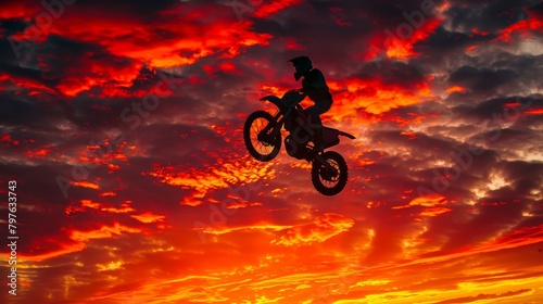 A motorcycle stunt rider jumps a dirt bike in the air, creating a dramatic silhouette against the sky