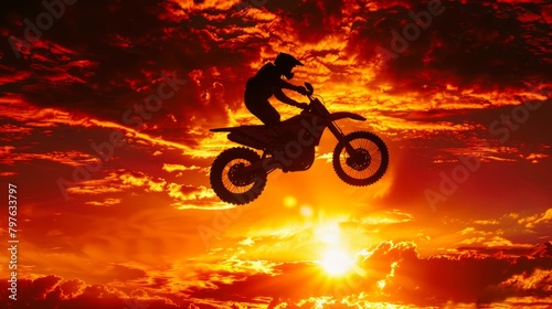 A dramatic silhouette of a motorcycle stunt rider soaring through the air on a dirt bike