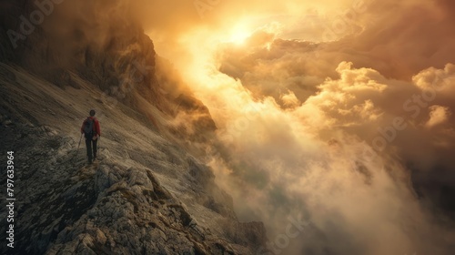 A man stands triumphantly on a mountain peak, surrounded by swirling clouds, under a dramatic sky