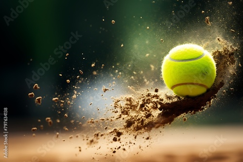 Tennis ball flying through the air with splashes of sand.