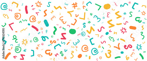 Colorful hand drawn flat abstract shapes pattern design fun line doodle banner. Vector illustration for banner, background, pattern, brochure, cover, template, decoration, ads, prints, branding design