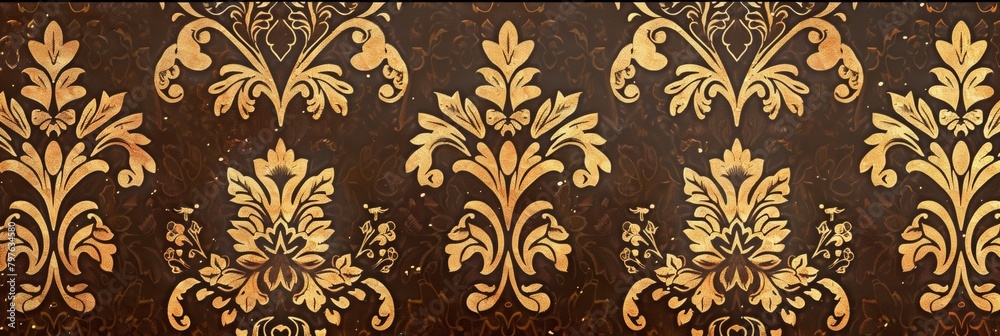 A splendid array of golden damask patterns spread over a chocolate brown canvas, evoking classic luxury. A splendid array of golden damask patterns spread over a chocolate brown canvas, evoking classic luxury.