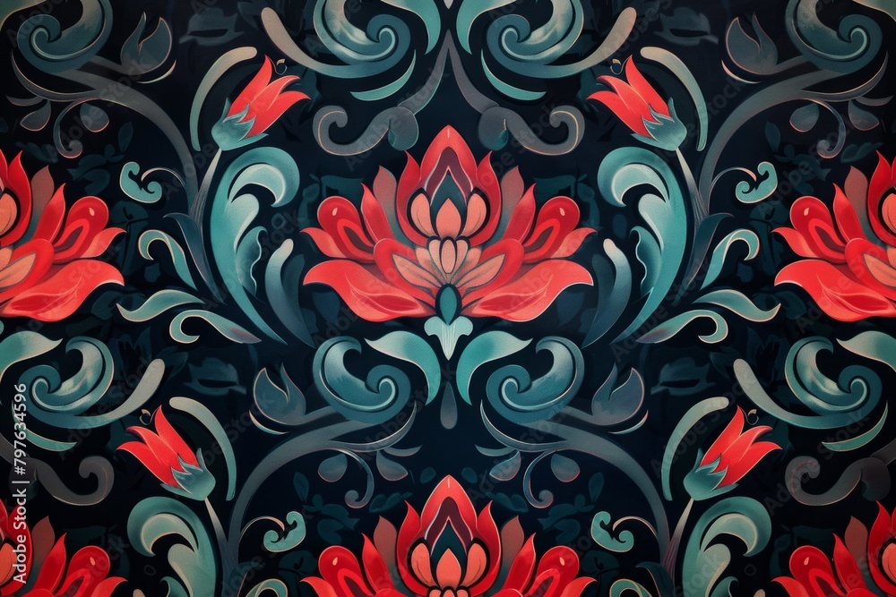 A tranquil turquoise and red floral pattern ideal for creating peaceful yet vibrant interior atmospheres. A tranquil turquoise and red floral pattern ideal for creating peaceful yet vibrant interior atmospheres.