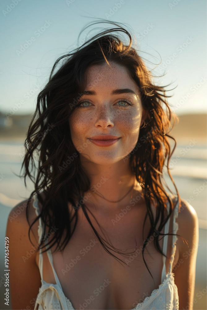 beautiful white woman with wavy black hair with blond highlights, natural blue eyes, wearing beachwear, photography, beach outfit, beachwear photoshoot, standing at the beach, summer vibes, beautiful white woman with wavy black hair with blond highlights, natural blue eyes, wearing beachwear, photography, beach outfit, beachwear photoshoot, standing at the beach, summer vibes,